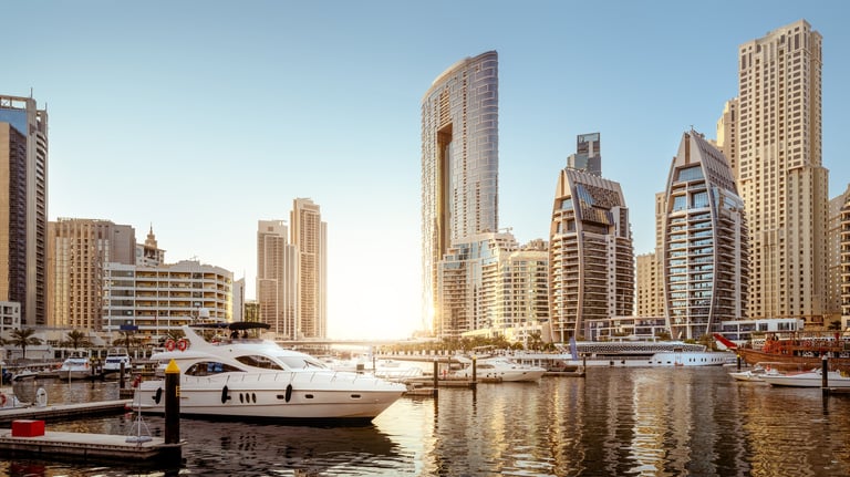 Dubai Marina skyline at sunset representing corporate excellence
