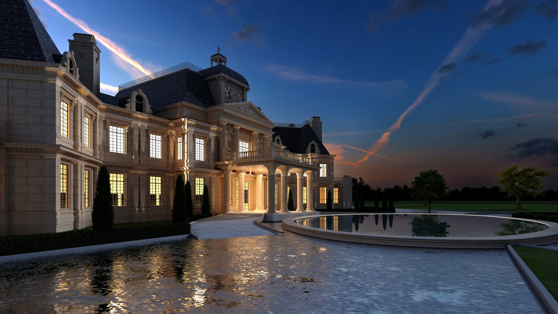 Luxury modern building exterior at night