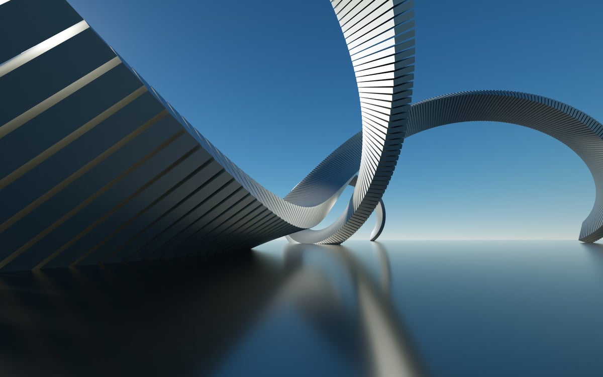 Abstract 3D rendering of curved metallic structures with reflections on water